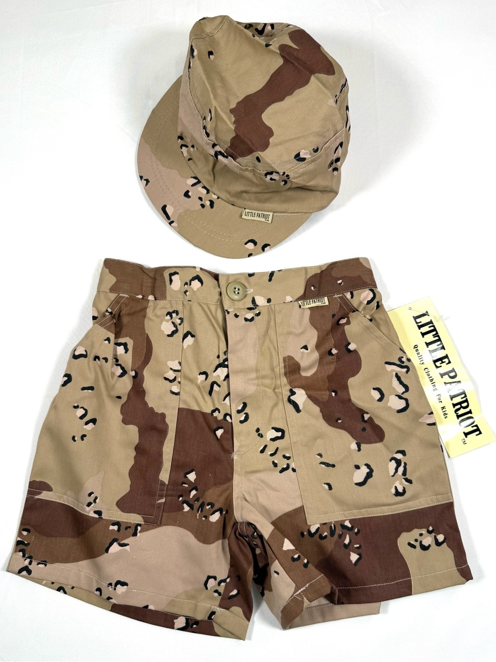 NWT LITTLE PATRIOT Boys Camo Shorts Hat Medium Desert Military Y2K 2 Piece NEW